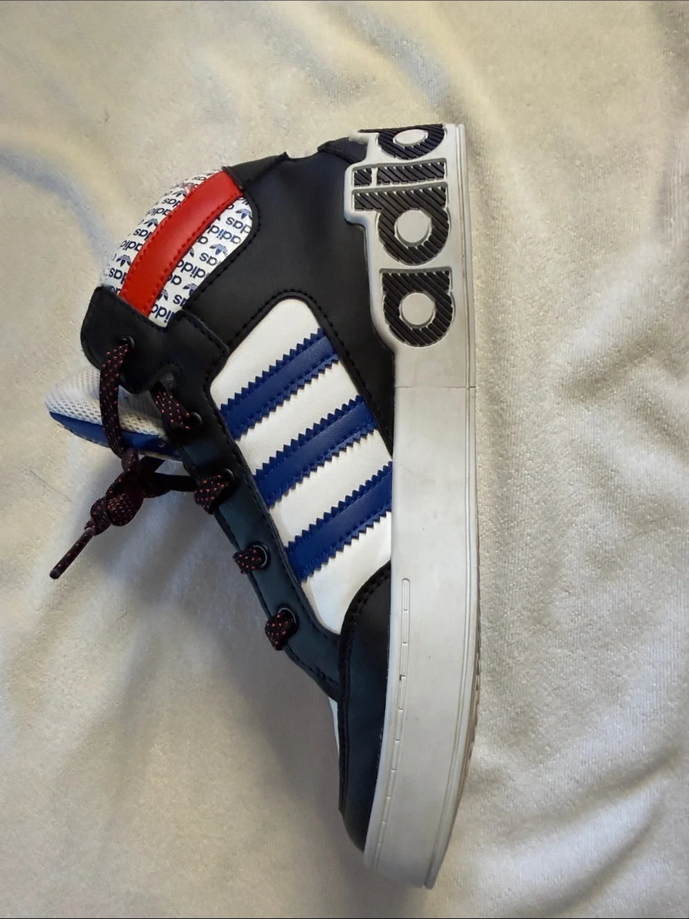 Adidas Kids Black White Blue Red High-Top Sneakers w Logo Stripe